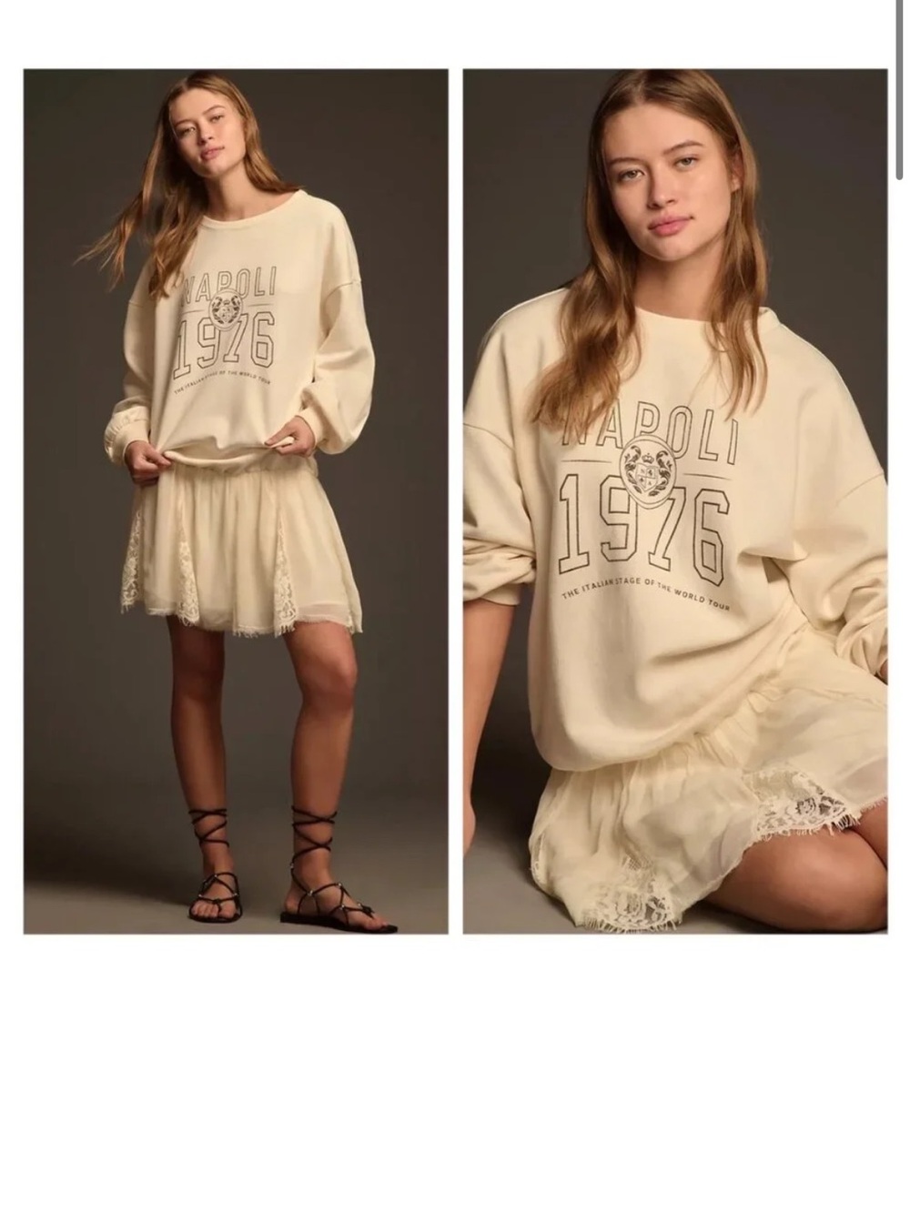 Anthropologie womans Cream sweatshirt Lace-Trim Mini dress size XS oversized